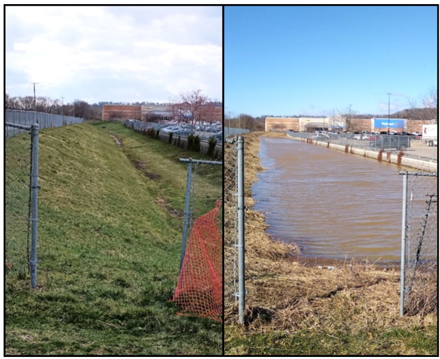 Detention basin before and after storm
