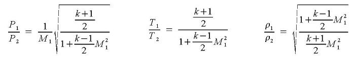Equations for pressure, temperature, and density ratios, pipe entrance values over pipe exit values