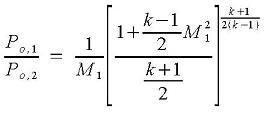 Equation for stagnation pressure ratio, pipe entrance values over pipe exit values