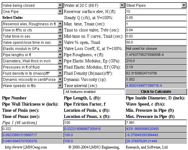 Water Hammer calculation